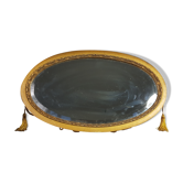 Ancien miroir ovale biseauté avec cordon et pompoms , 60 x 36 cm