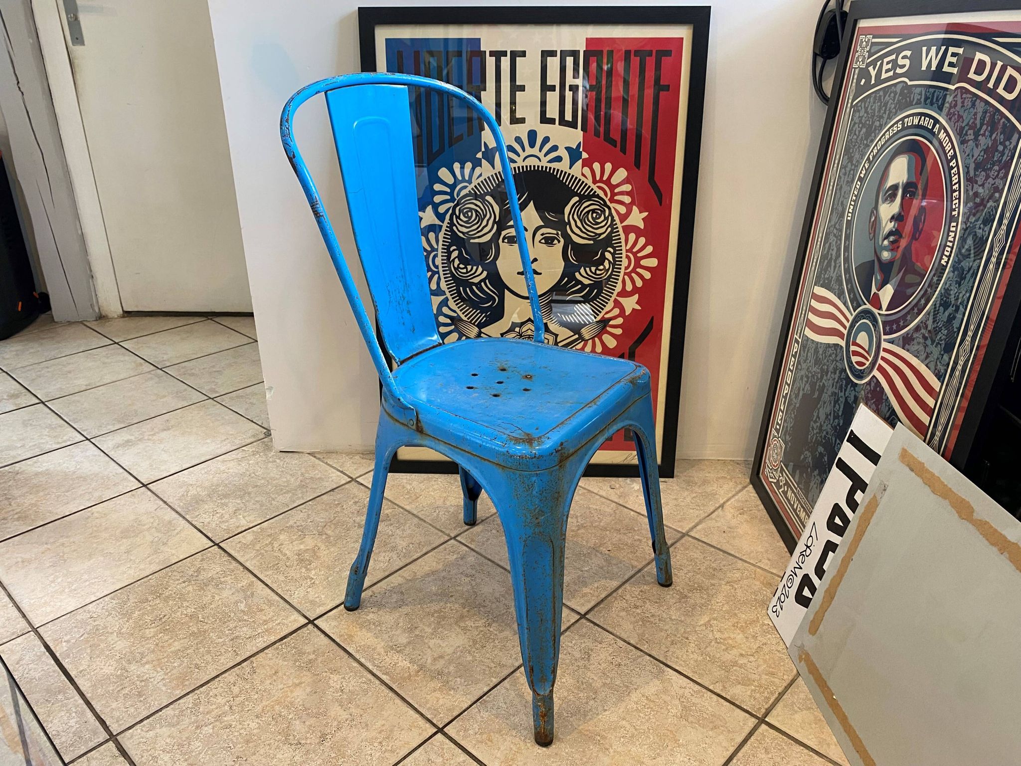 Authentic blue tolix metal chair by Xavier Pauchard vintage industrial 1950