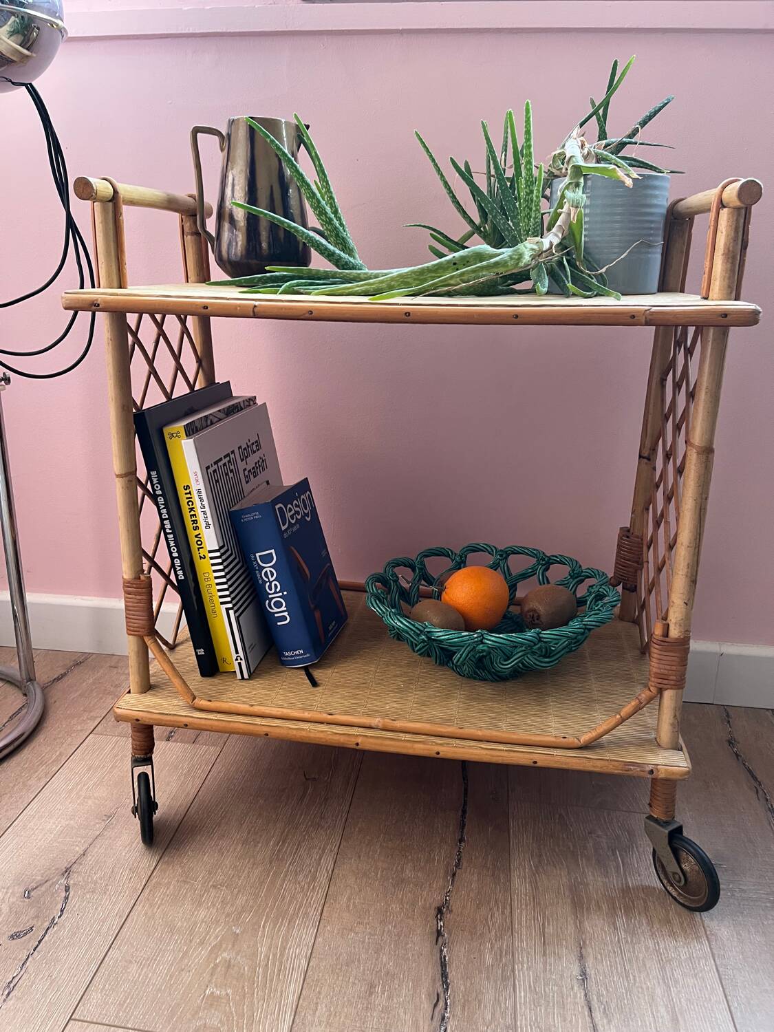 Rolling side table, serving cart, vintage rattan and wicker 60.