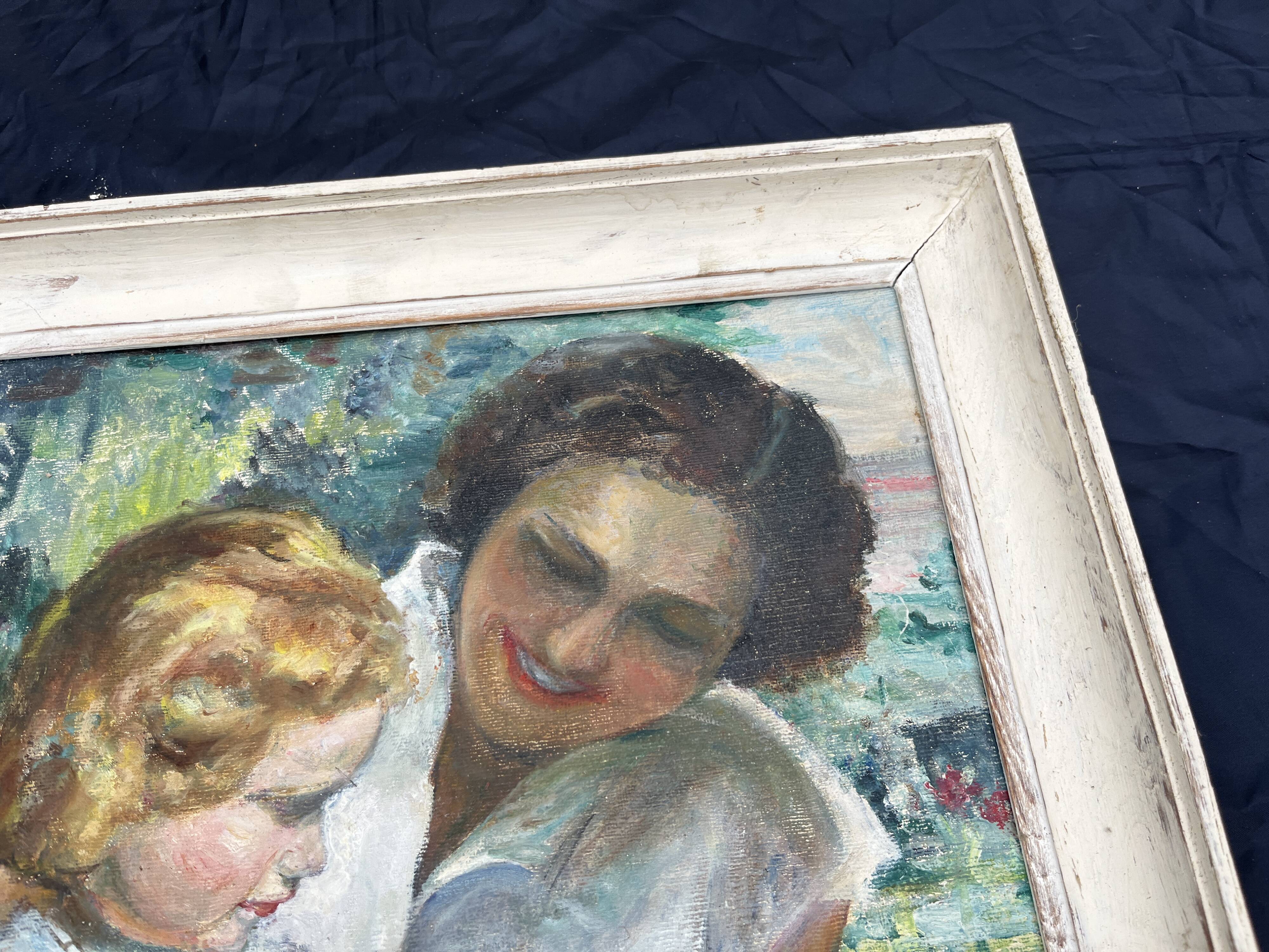 Antique painting, mother and child, impressionist style, early 20th century