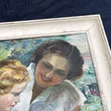 Antique painting, mother and child, impressionist style, early 20th century
