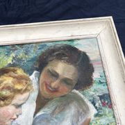 Tableau ancien, mère et enfant, style impressionniste début XXe
