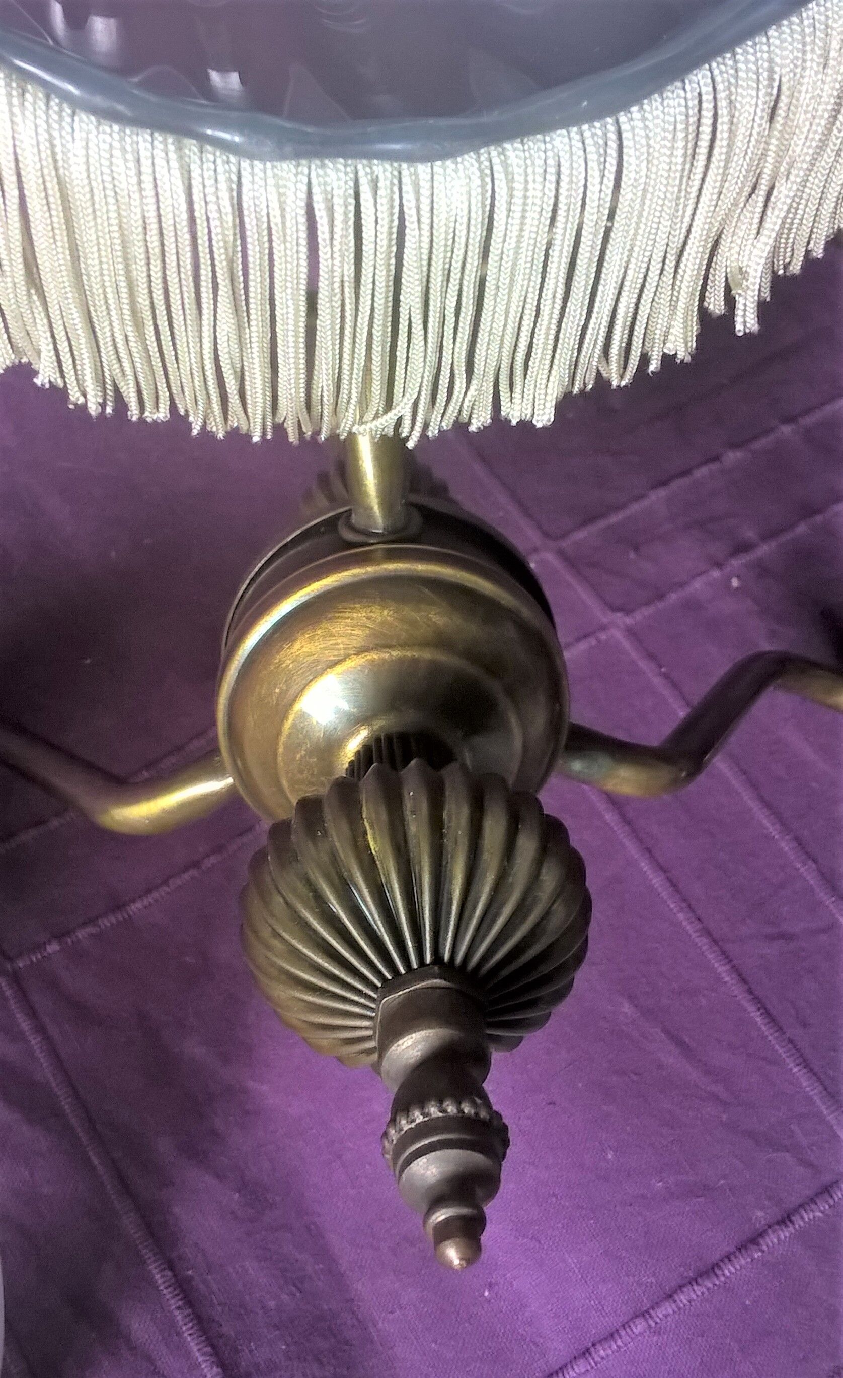 Vintage chandelier art-deco gold metal bronze three half-globes frosted glass and fabric stamps