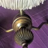 Vintage chandelier art-deco gold metal bronze three half-globes frosted glass and fabric stamps