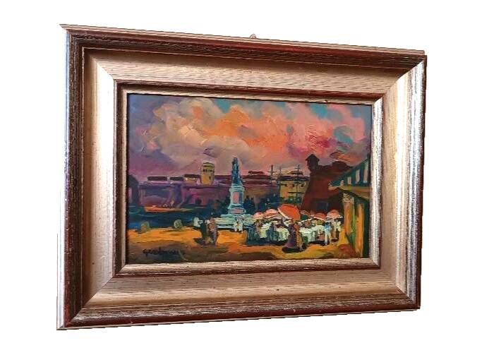 Oil on faesite, square with figures, gerolamo bolli (pisa 1933-2009)