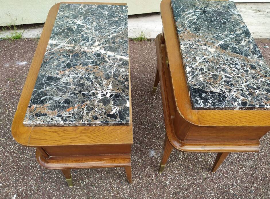 Set of 2 black white marble wood bedside tables with compass legs