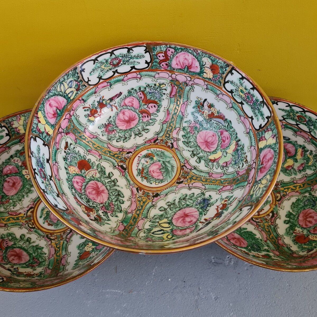 3 vintage chinese porcelain canton medallion bowls, 1960s.