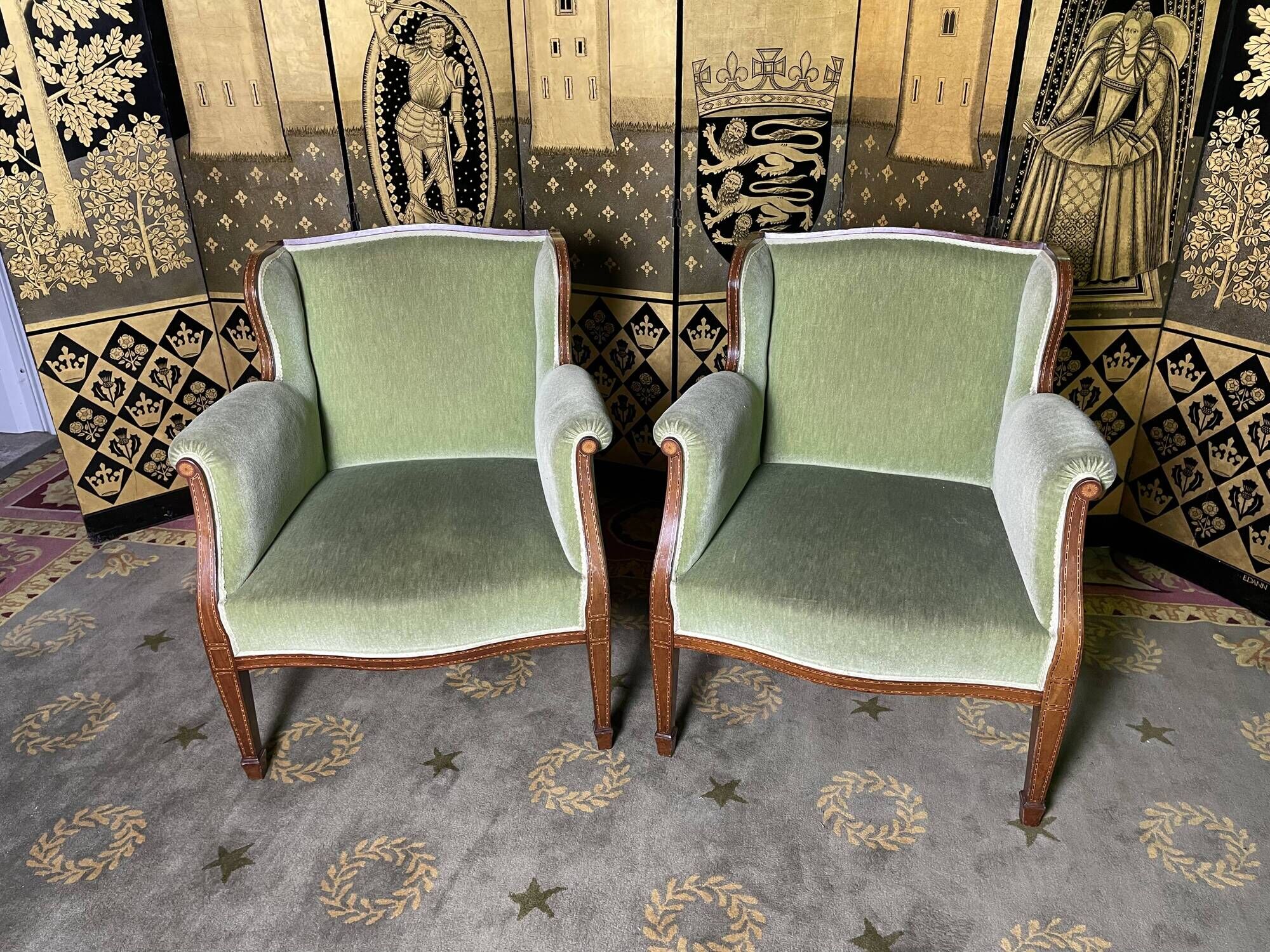 Pair of English armchairs green velvet