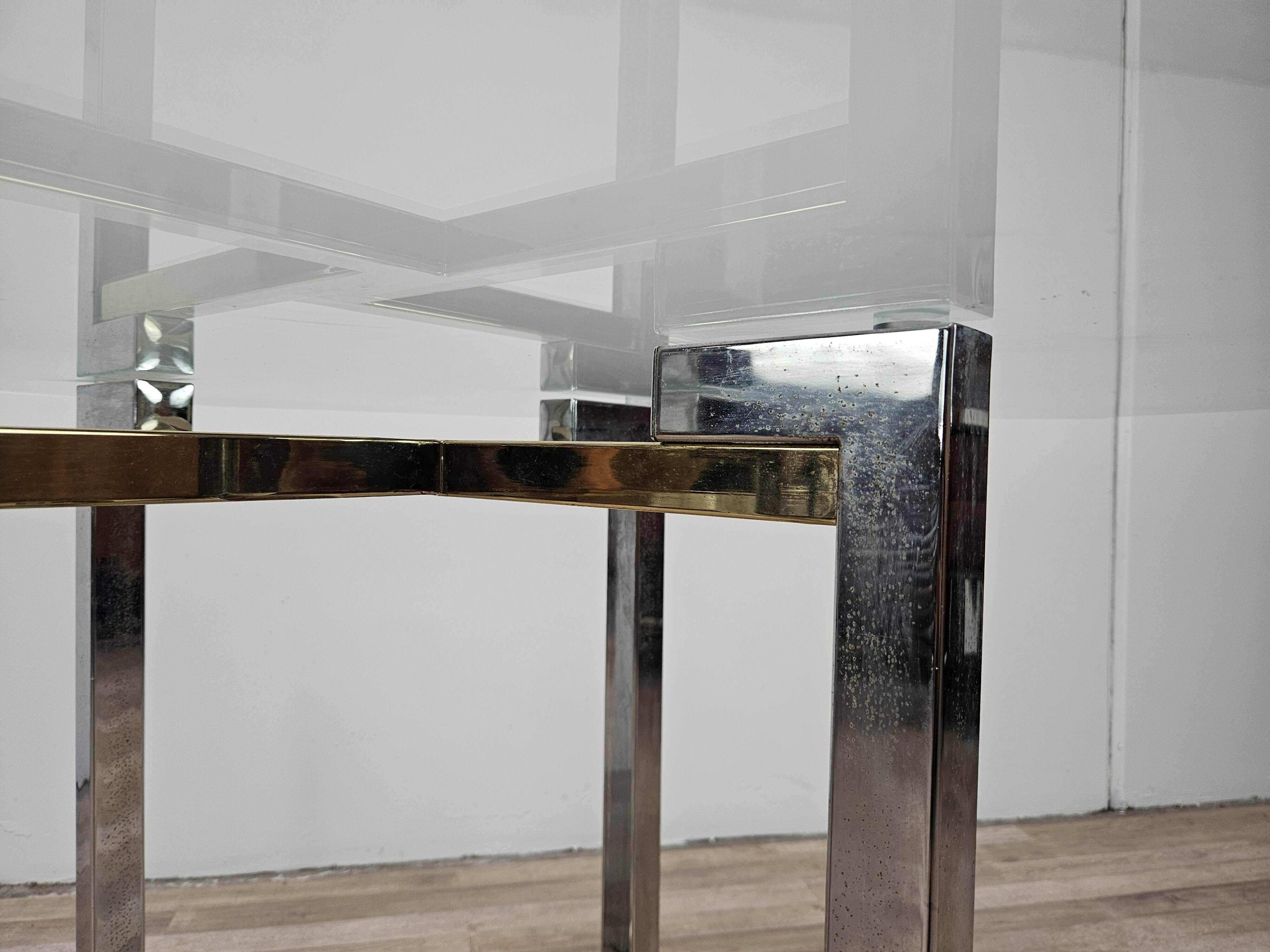 Regency Table in Chromed Metal and Brass with Hexagonal Glass Top
