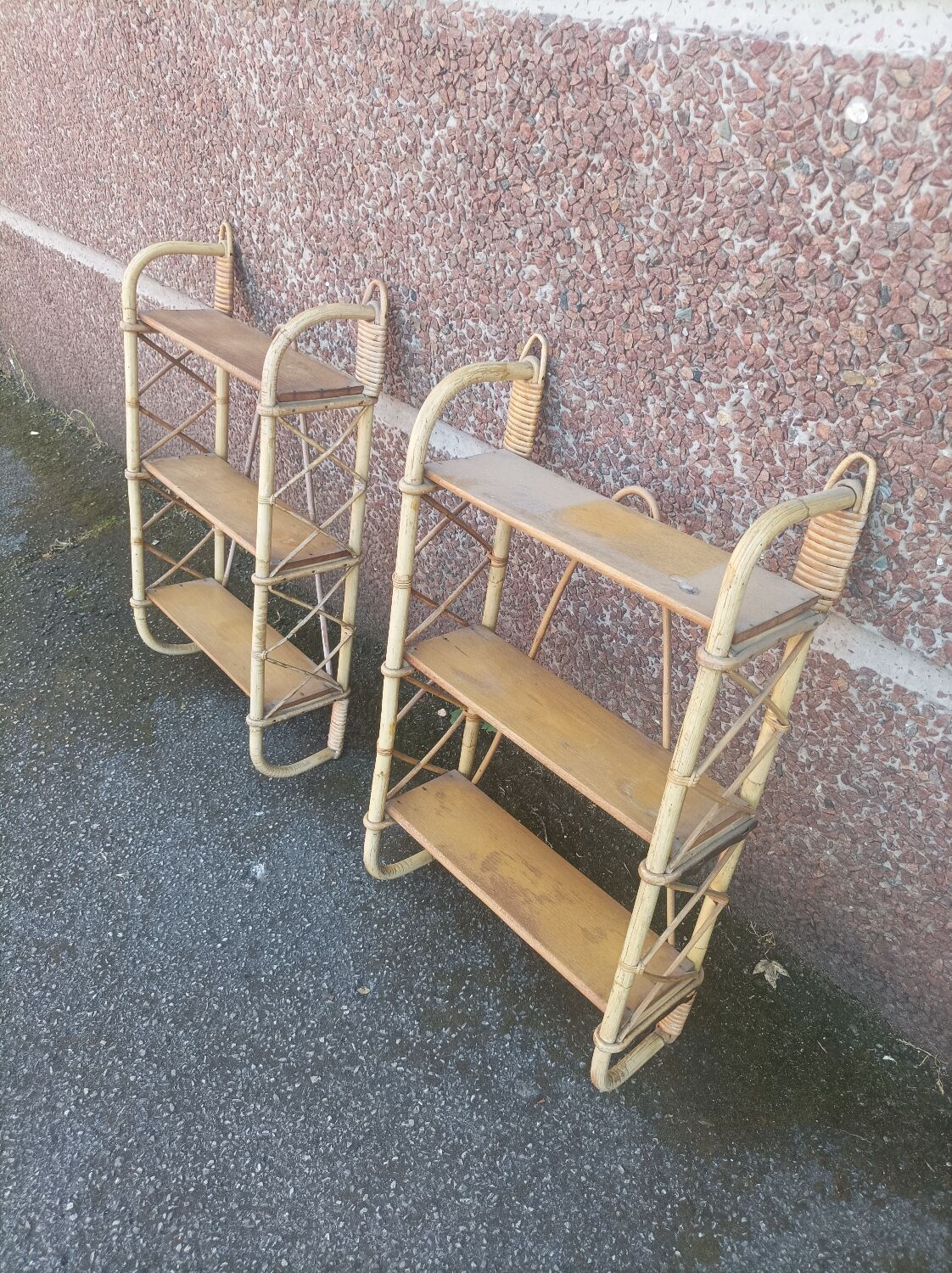 Pair of wall shelves vintage in rattan bamboo wicker