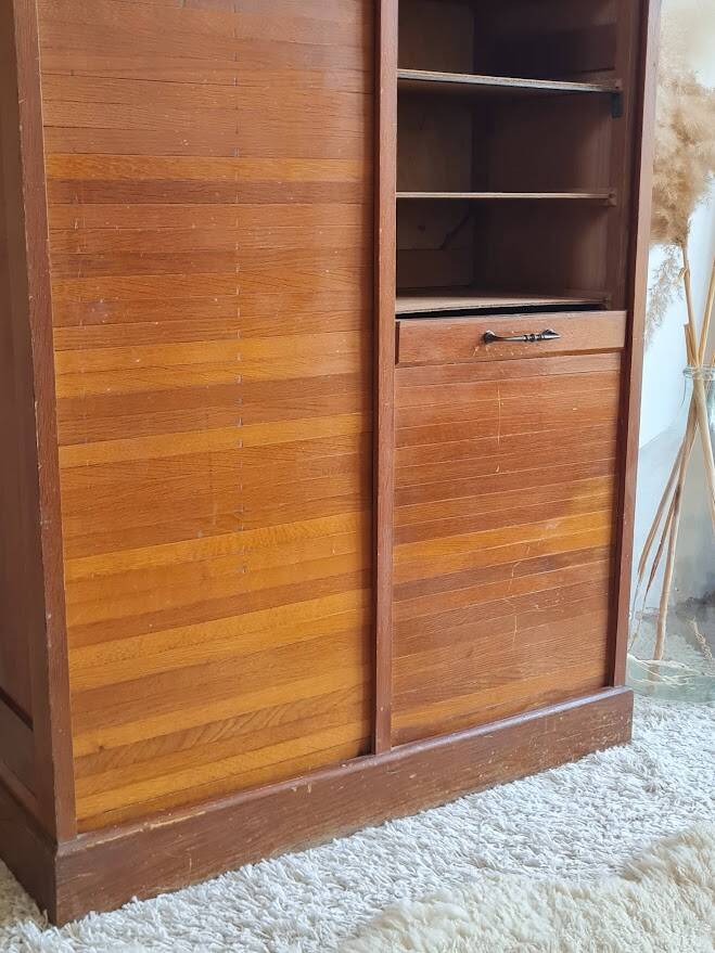 Vintage double curtain filing cabinet.