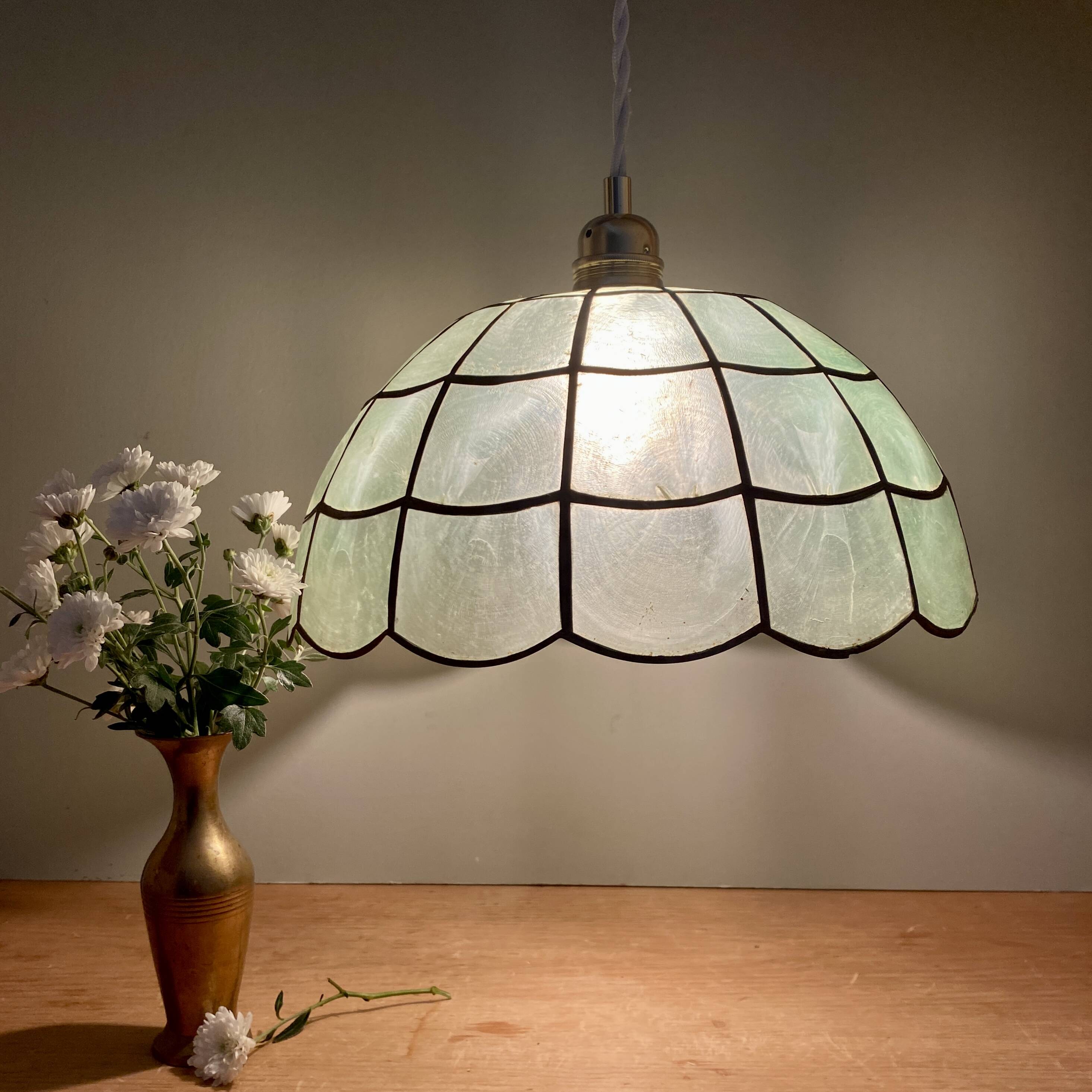 Suspension abat-jour vintage en nacre verte