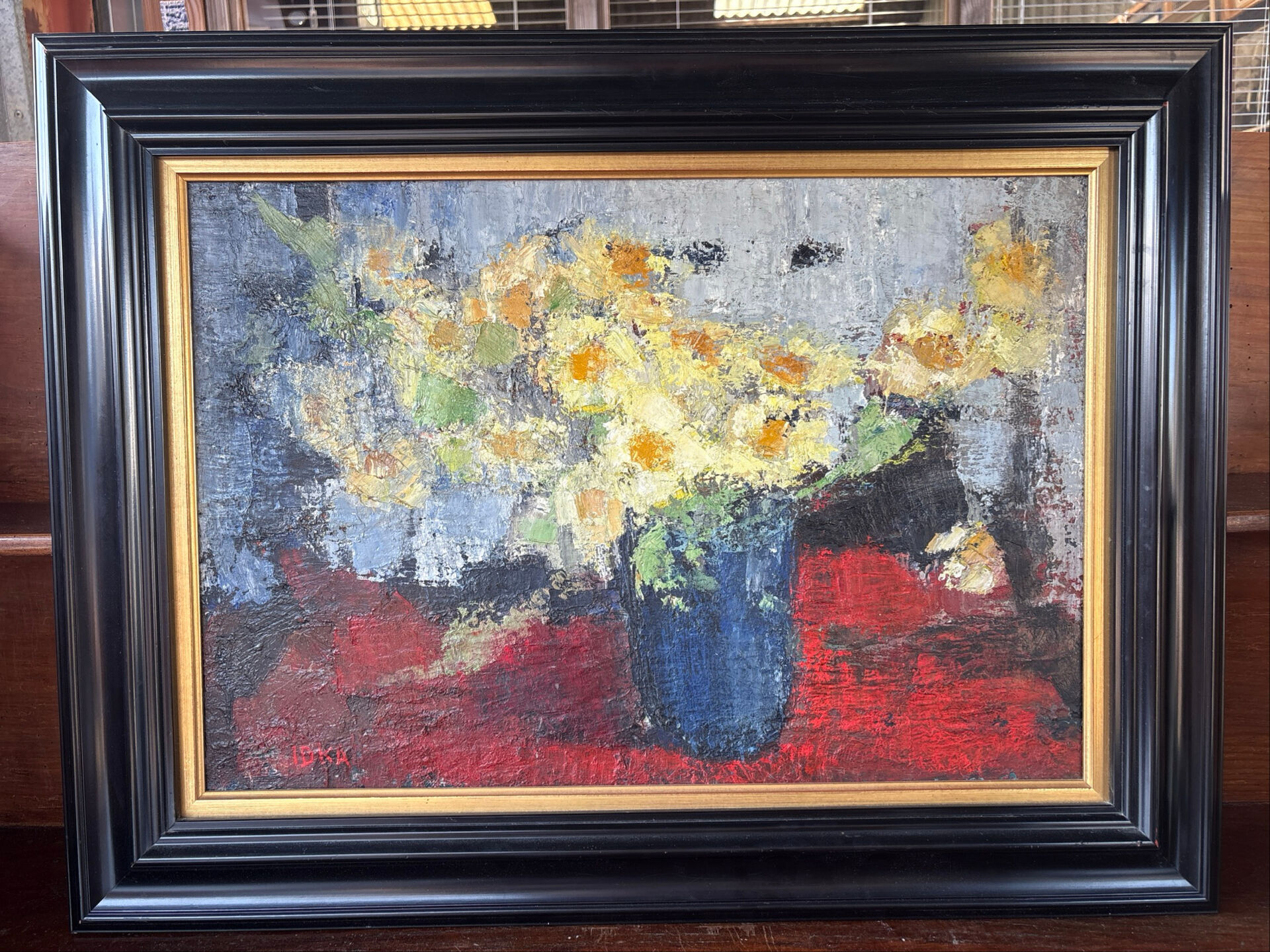Signed painting by Idka Cohen, oil on canvas, still life with flowers, year