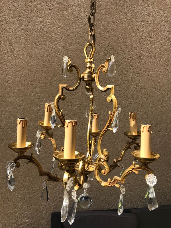 Lustre cage en bronze avec pampilles ,6 lampes