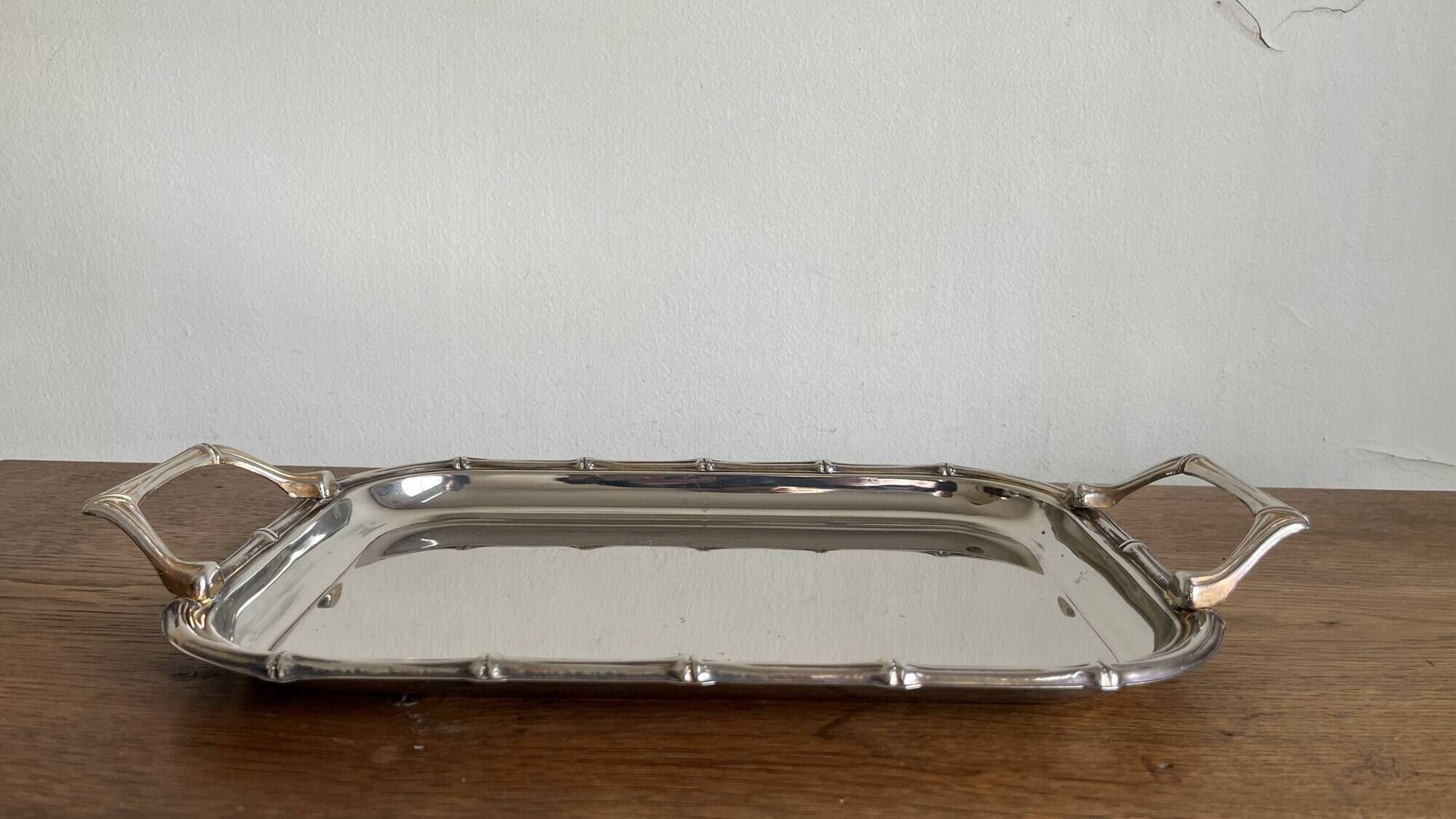 Silver-plated faux bamboo tray USA 1970 Hollywood Regency