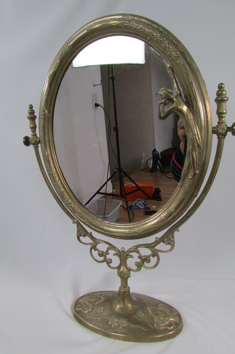 Tilting table mirror and art nouveau photo holder in bronze