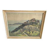 Tableau Lithographie ancienne - Paysage Riviera Méditerannée Eze - A. Marc