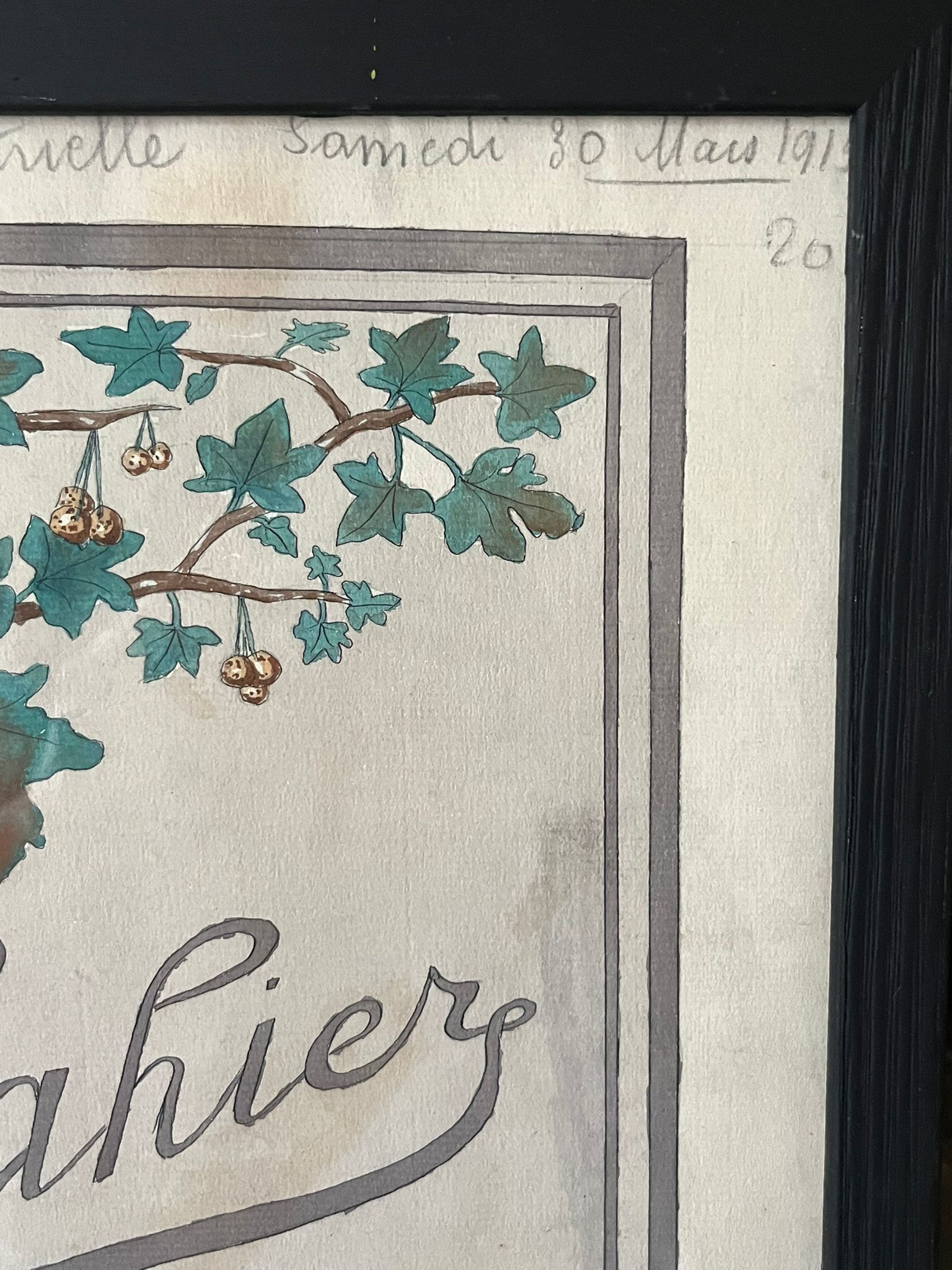 Watercolor decorated with leaves made by Renée Billette in 1912