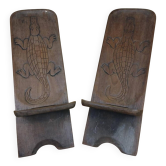 Central Africa circa 1950: pair of exotic wood chairs decorated with crocodile sculptures