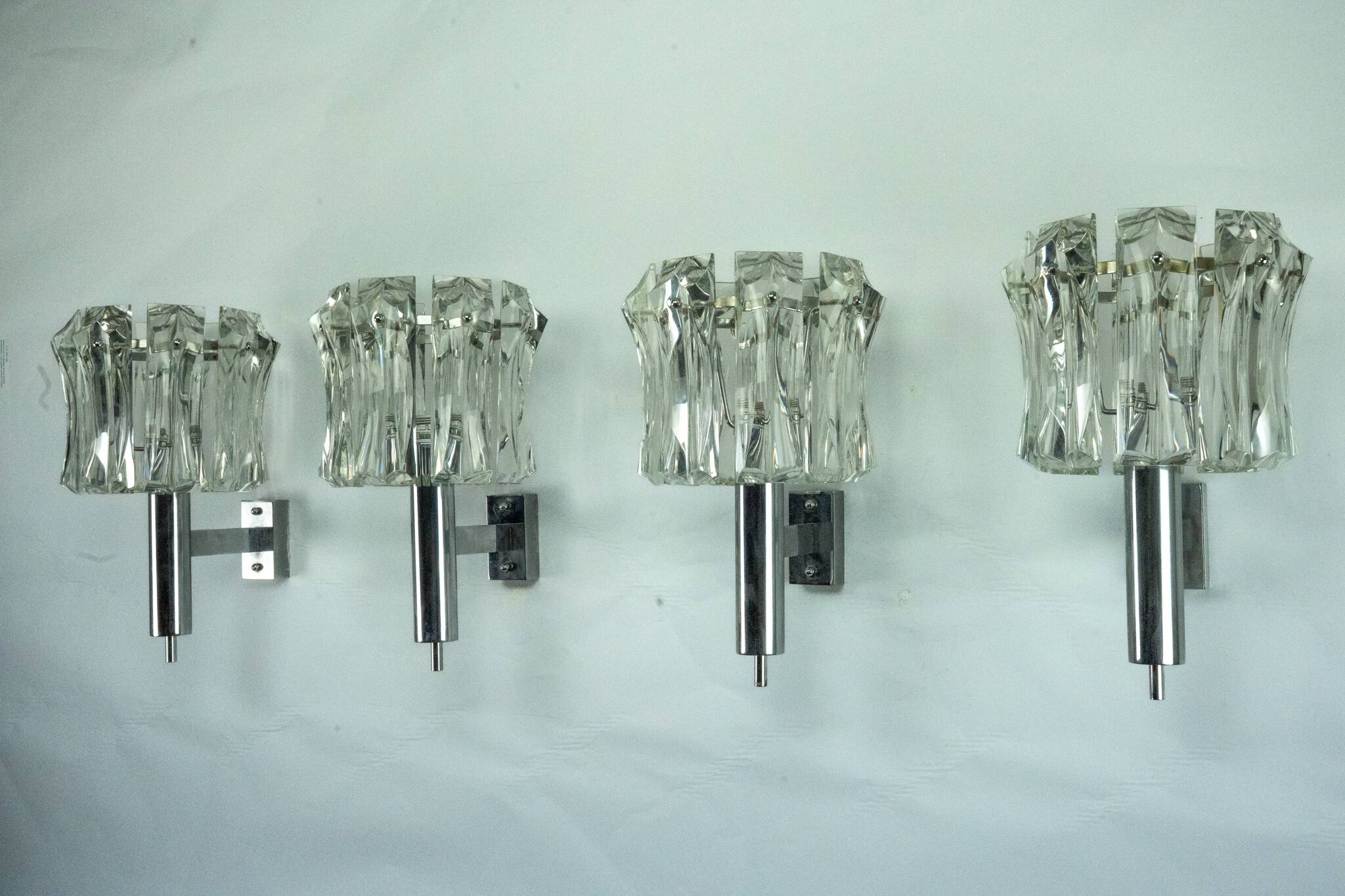 Set of four large Murano glass elements and chromed brass sconces, Italy 60