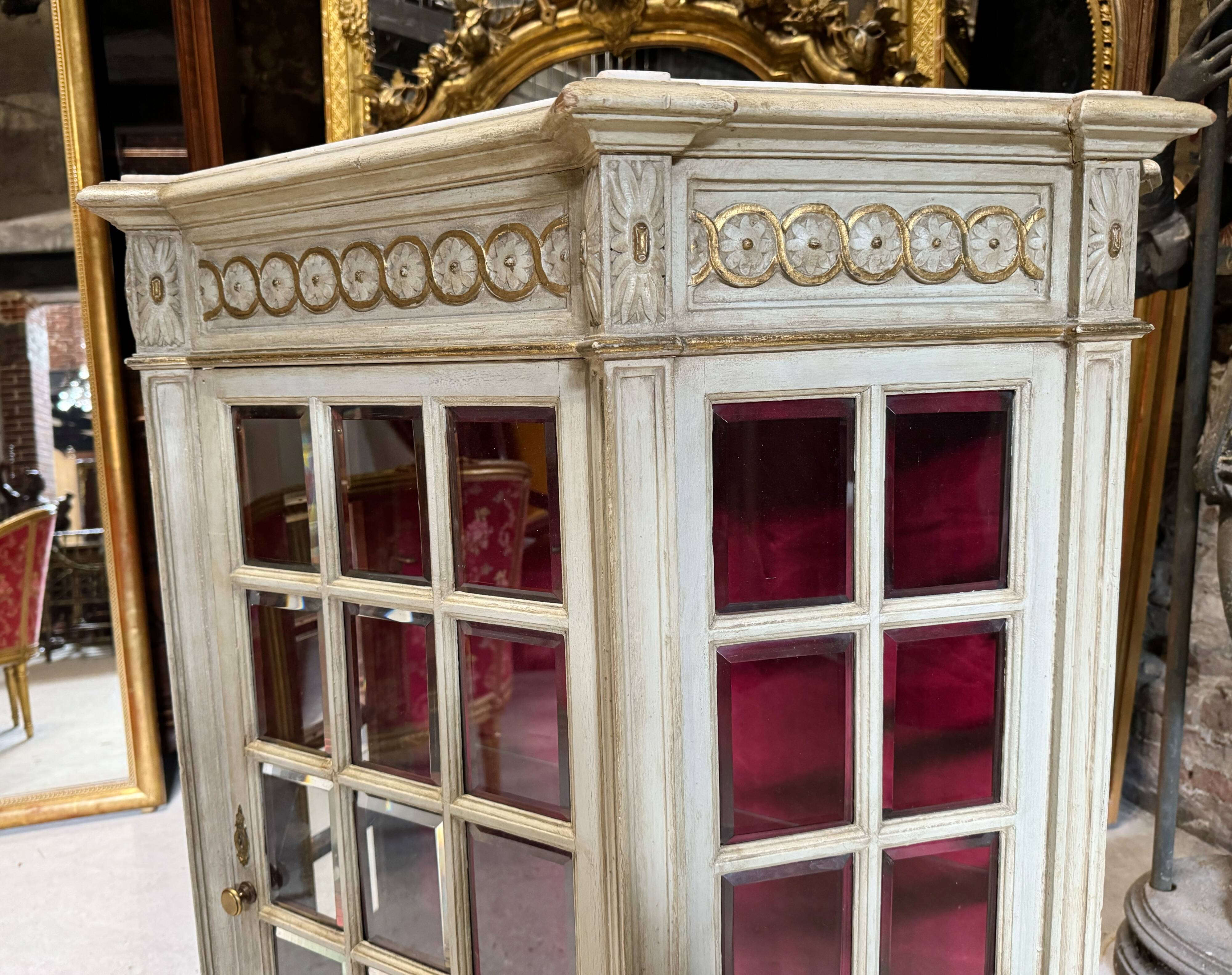 Napoleon III Period Display Cabinet in Painted Wood with Beveled Tiles in Louis XVI Style