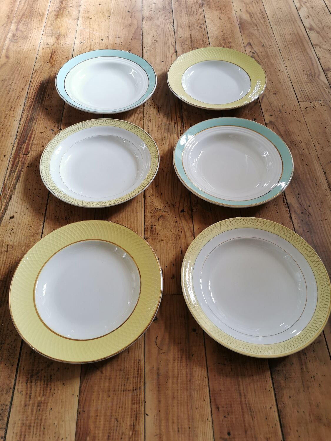 Vintage mismatched hollow plates mint & yellow
