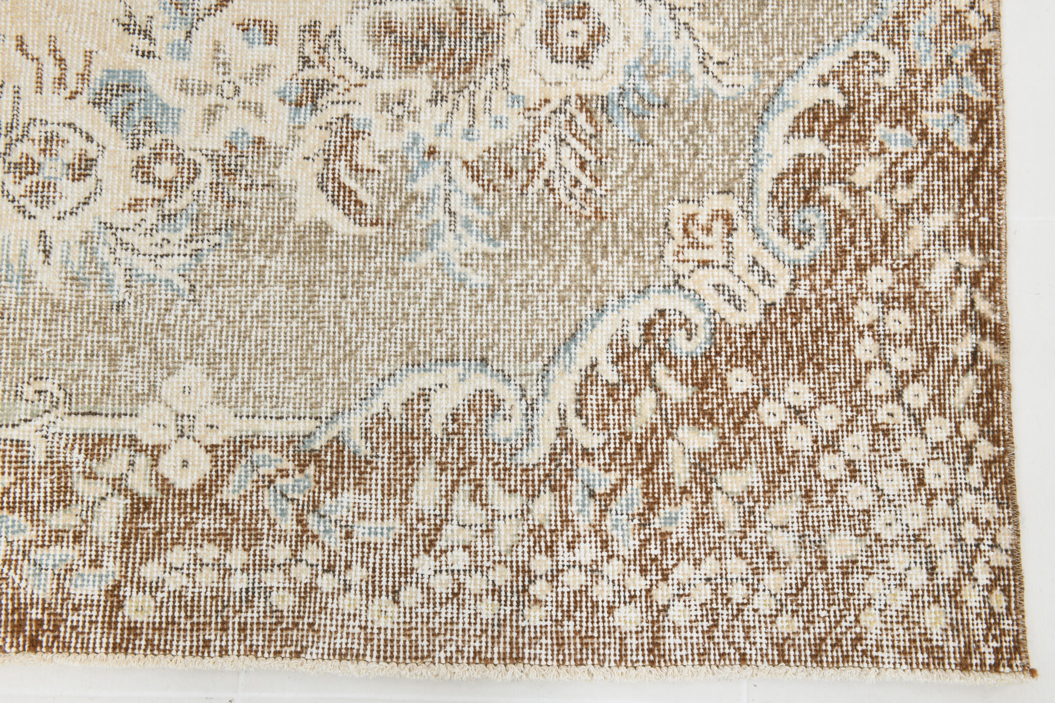 Handmade beige & brown floral  vintage rug