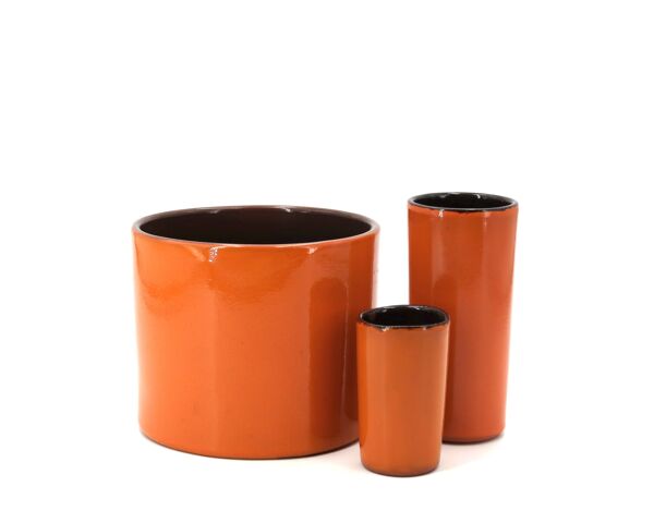 3 vases cylindriques rouleau en céramique orange, années 70