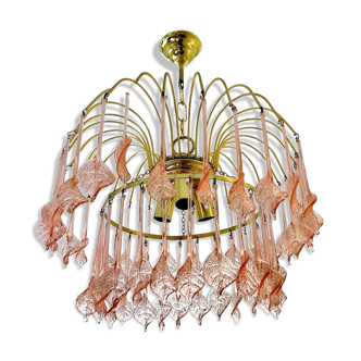 Lustre en verre de Murano à fleurs dorées 1970s