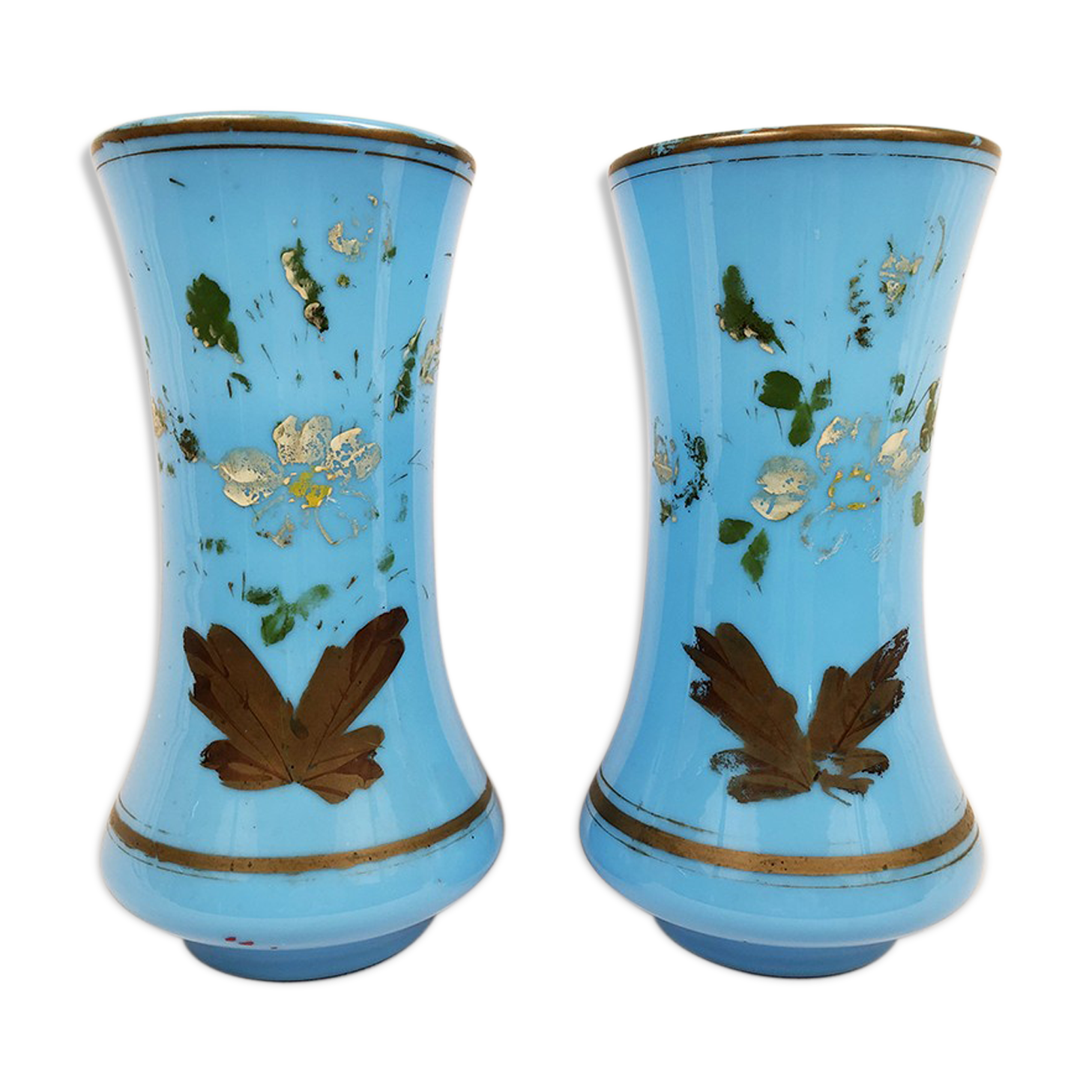 Vase Opaline Bleue Décorations Laiton - Style Baroque - Made In Italy