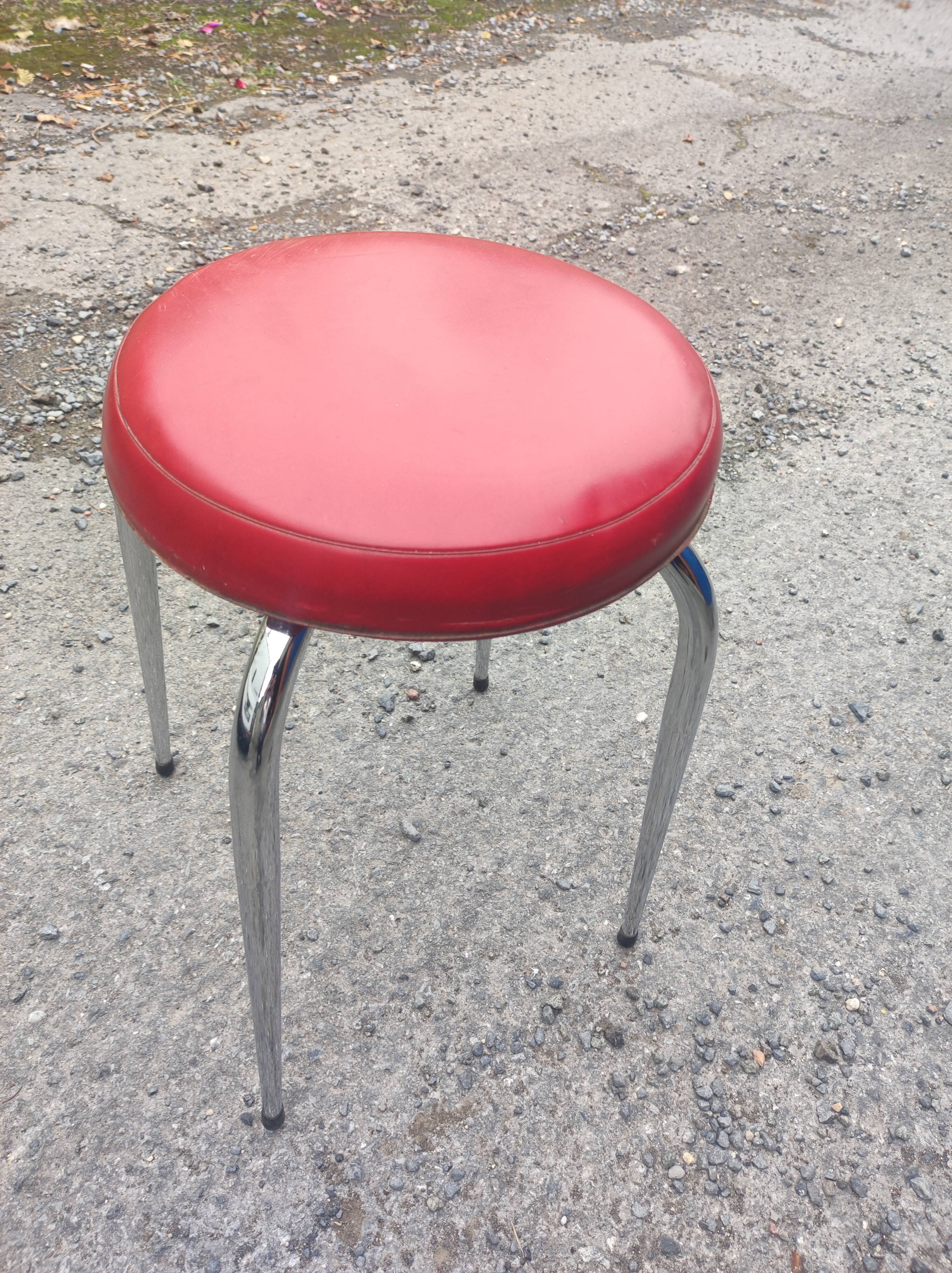Stool tubing metal chrome seat imitation leather red vintage