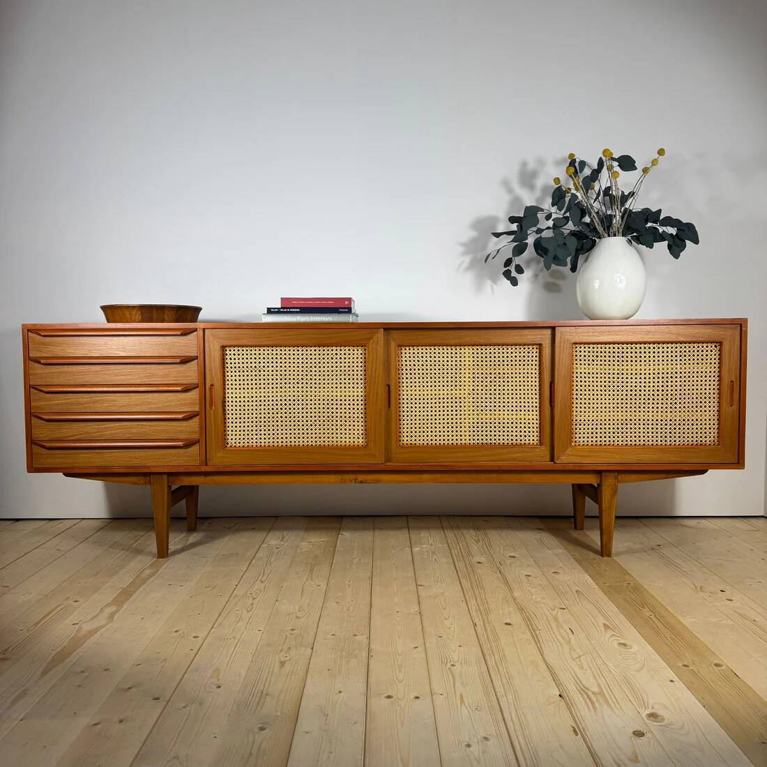 Vintage teak sideboard with rattan doors and drawers – Scandinavian design