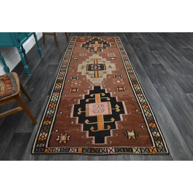 Vintage Turkish Oushak handmade wool cotton brown runner rug 137X338