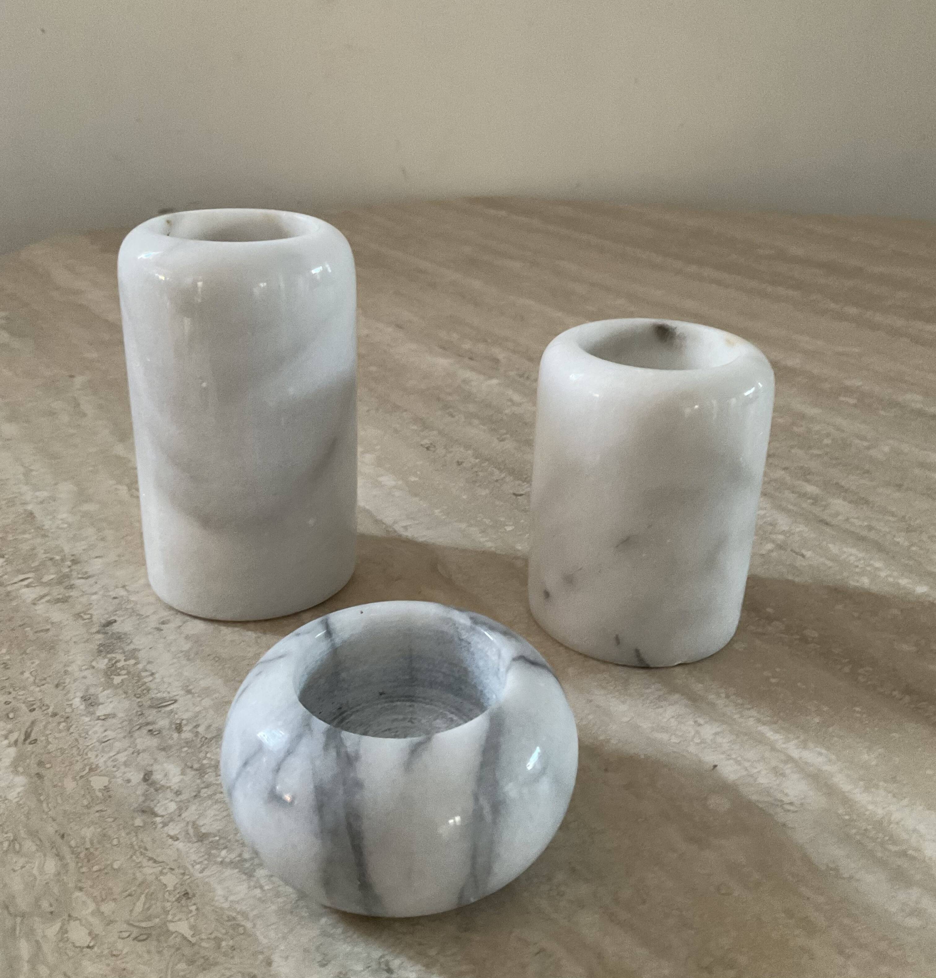 Trio of vintage white marble candle holders