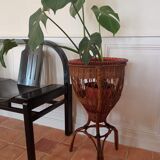 Cache pot in rattan and vintage scoubidou