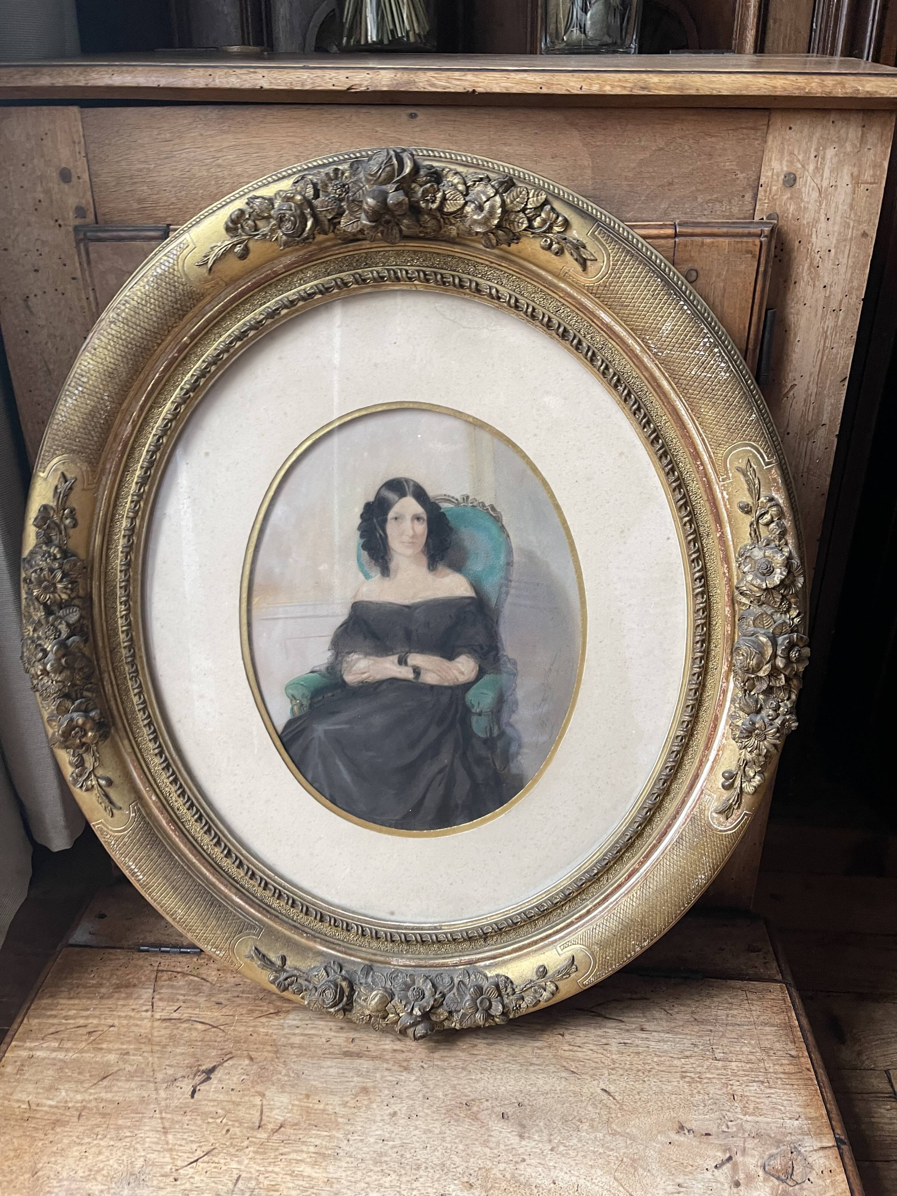 Pastel Young woman in blue chair