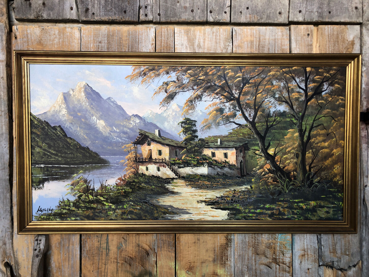 Tableau huile sur toile l. guerny vue rivière en montagne avec cadre doré