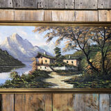 Tableau huile sur toile l. guerny vue rivière en montagne avec cadre doré