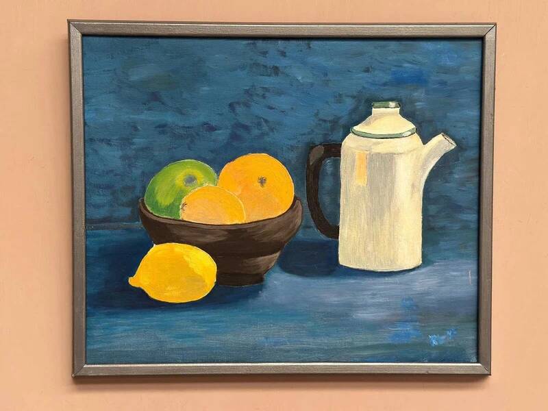 Oil on canvas "Still life with fruits and bottle" by S. Catchings, framed 50×41cm