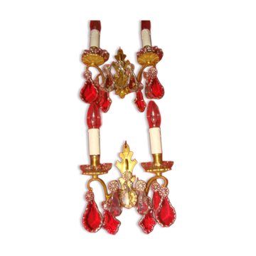 Pair of bronze and crystal wall lights with 2 arms of light