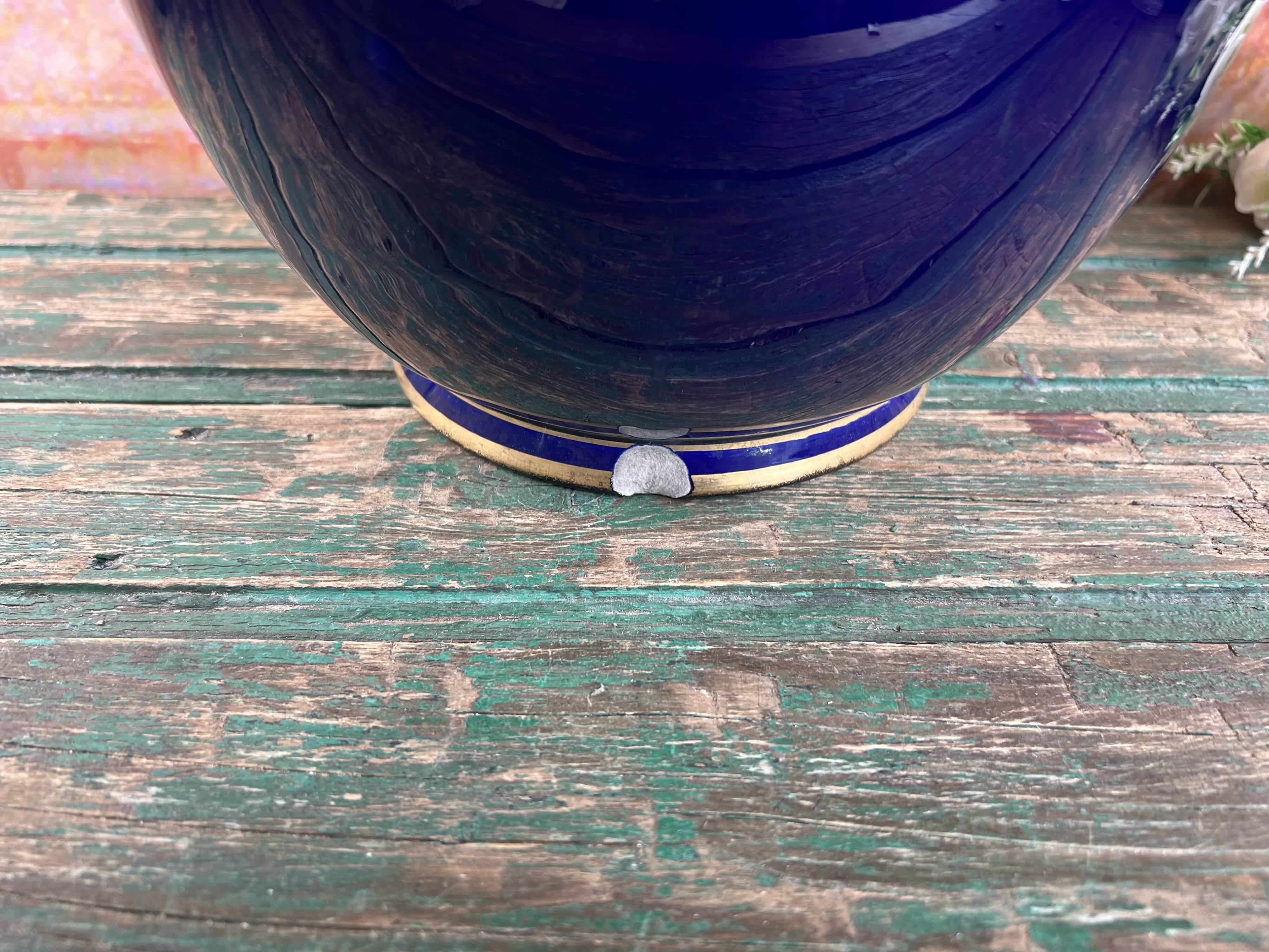 Large round old blue planter Luneville