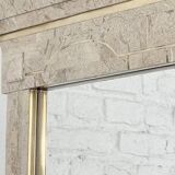 Travertine and Brass Marquetry Console Table and Mirror, 1970s, Set of 2