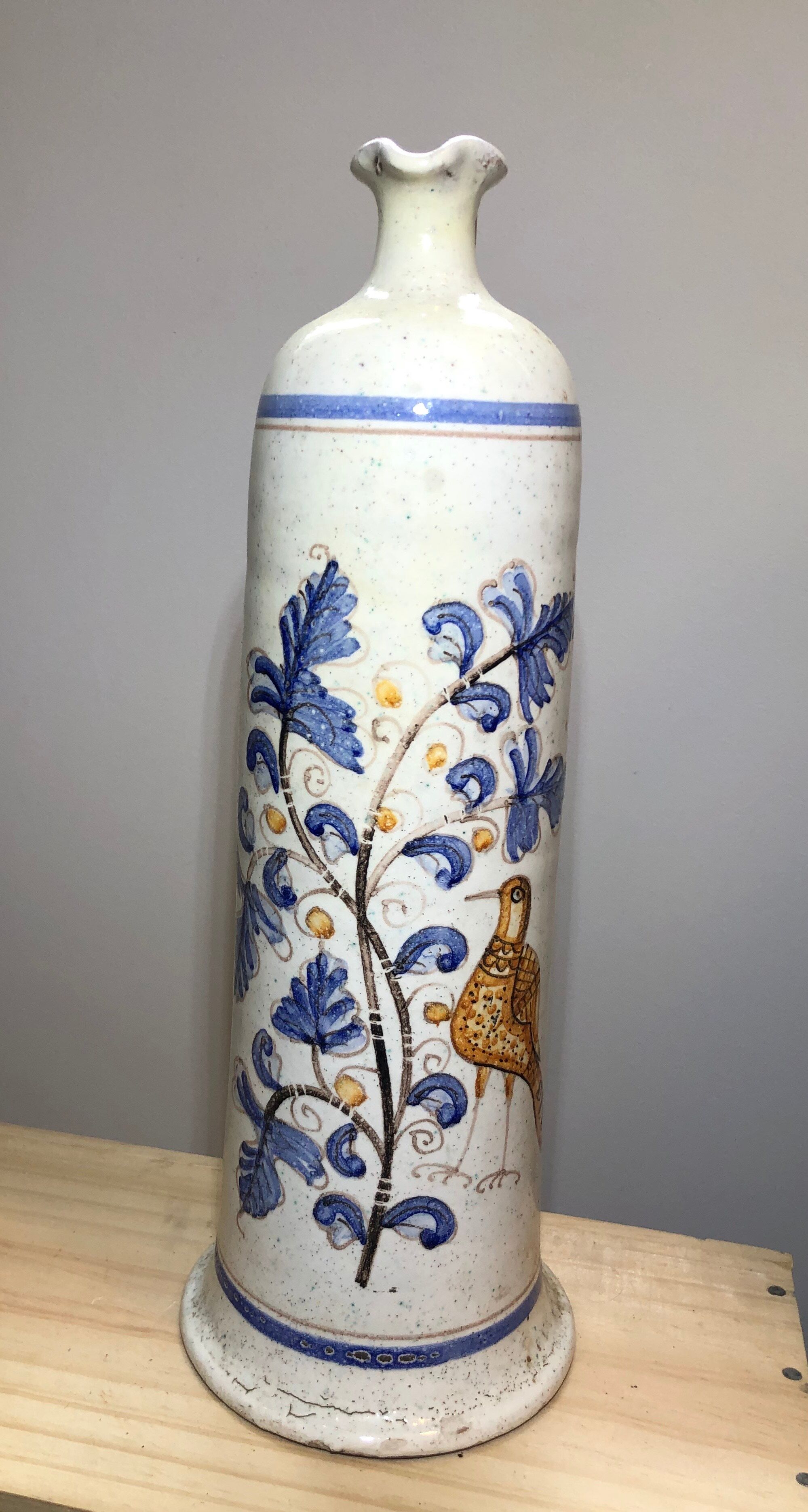 Painted terracotta bottle in black style signed CS bird painting floral decoration