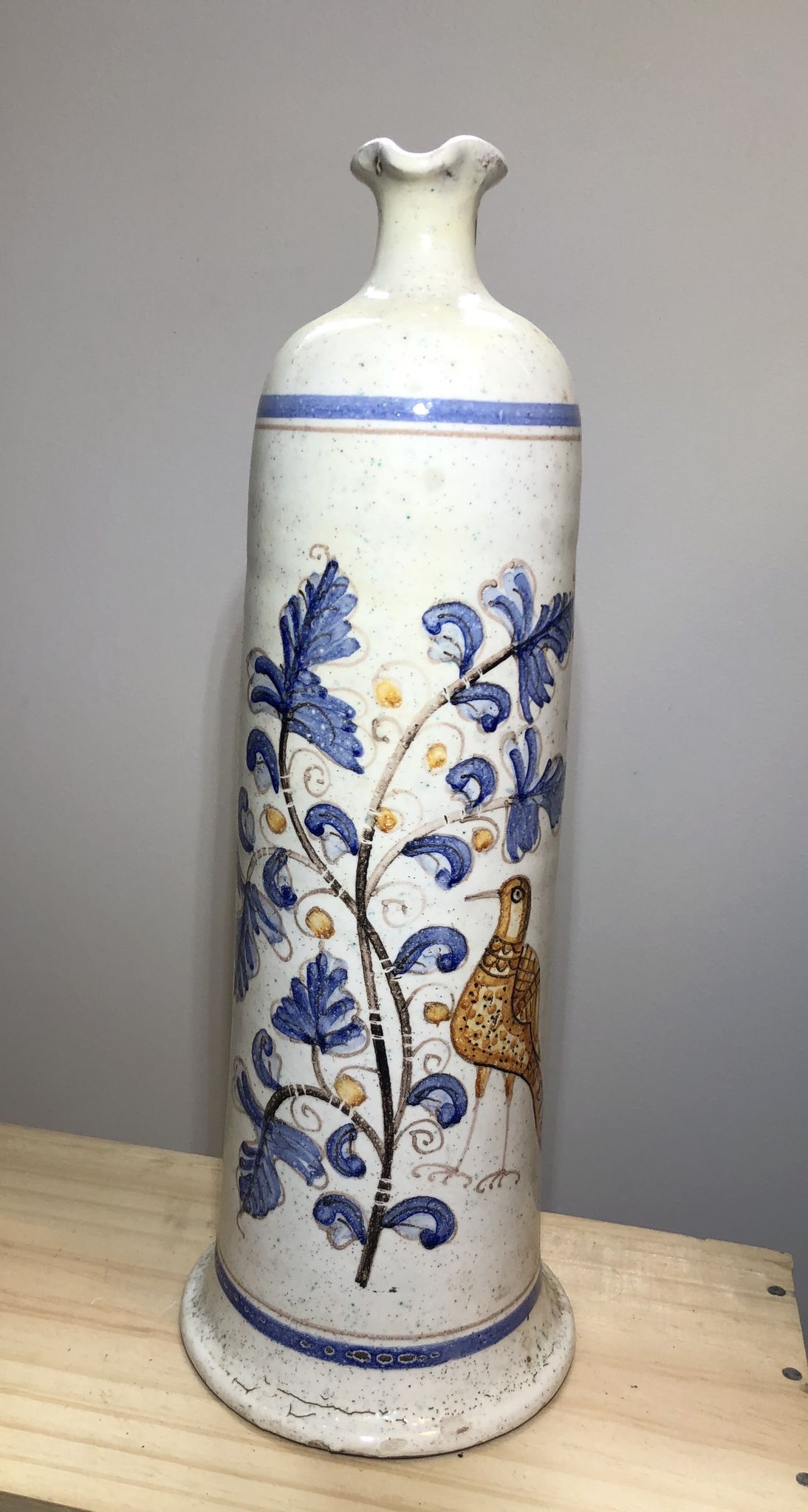 Painted terracotta bottle in black style signed CS bird painting floral decoration