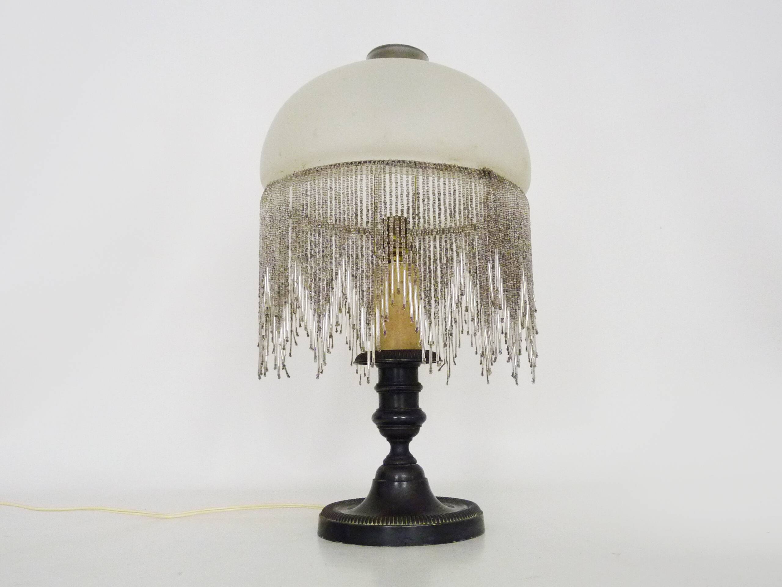 Table lamp, bedside lamp, silver metal base, globe and beads