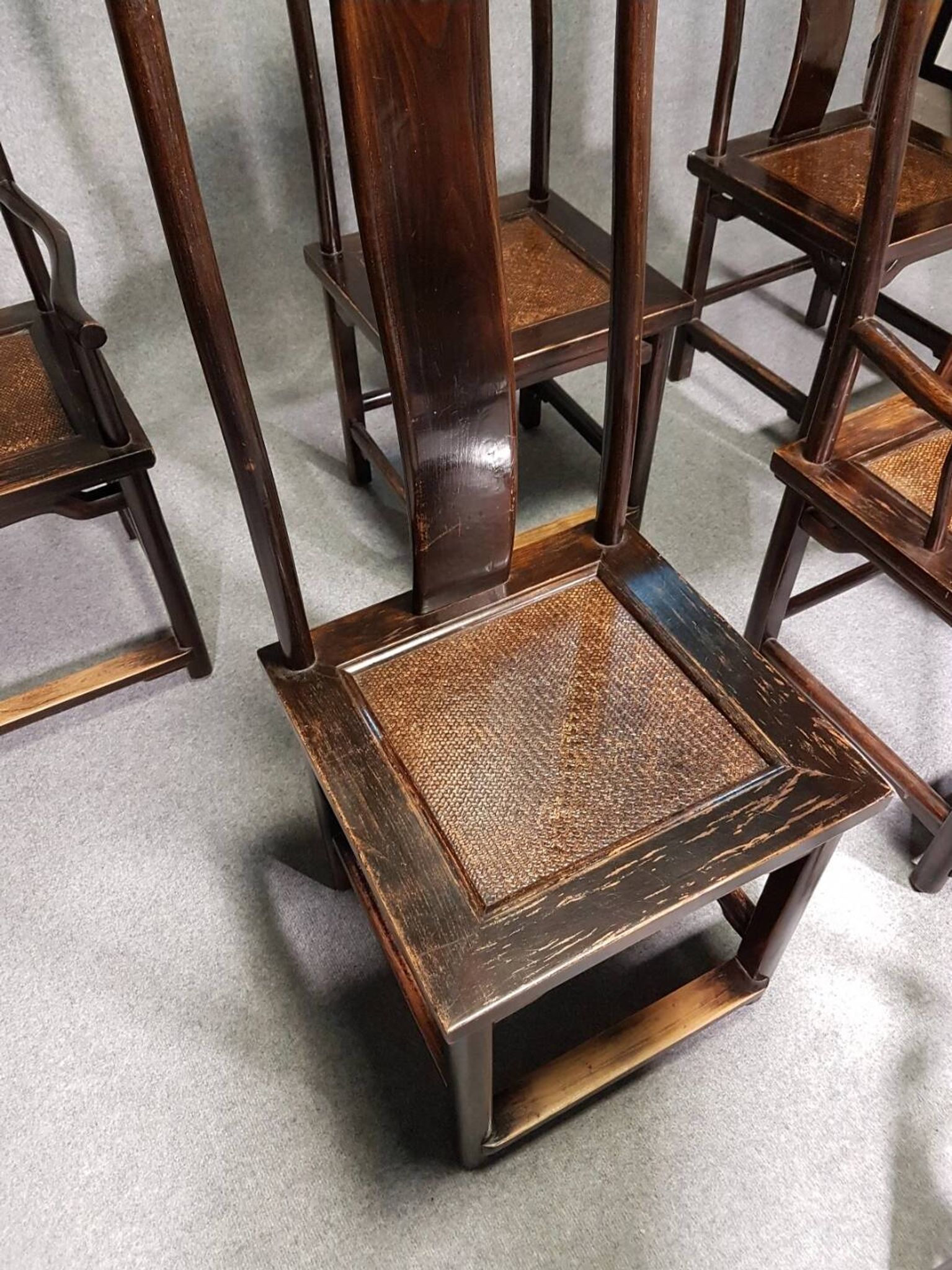 6 Vintage Oriental Asian Chinese Brown Tallback Yokeback Side Chairs. 2 x armchair / 4 x without a