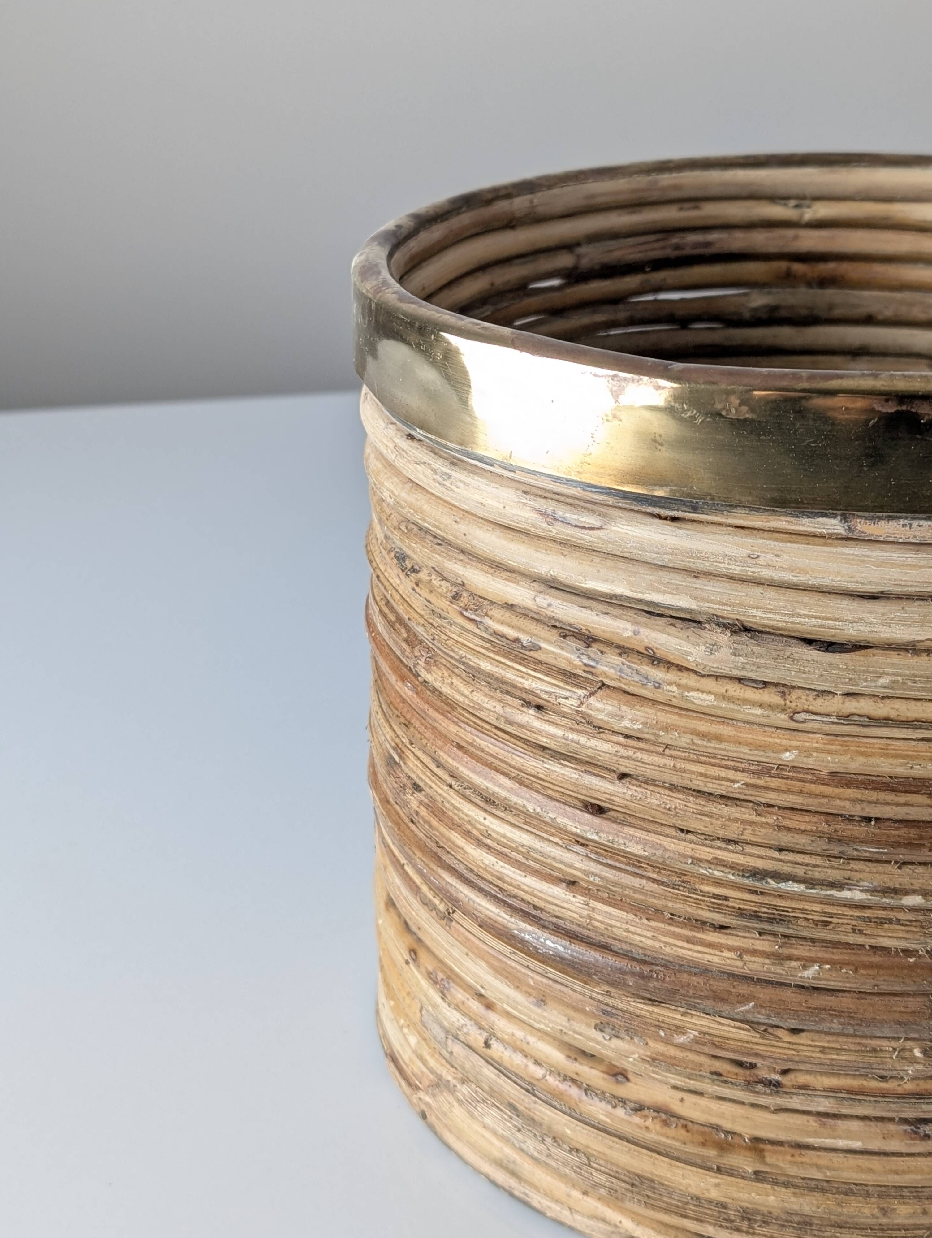 Italian Mid-Century Pencil Reed Rattan and Brass Planter, 1970s
