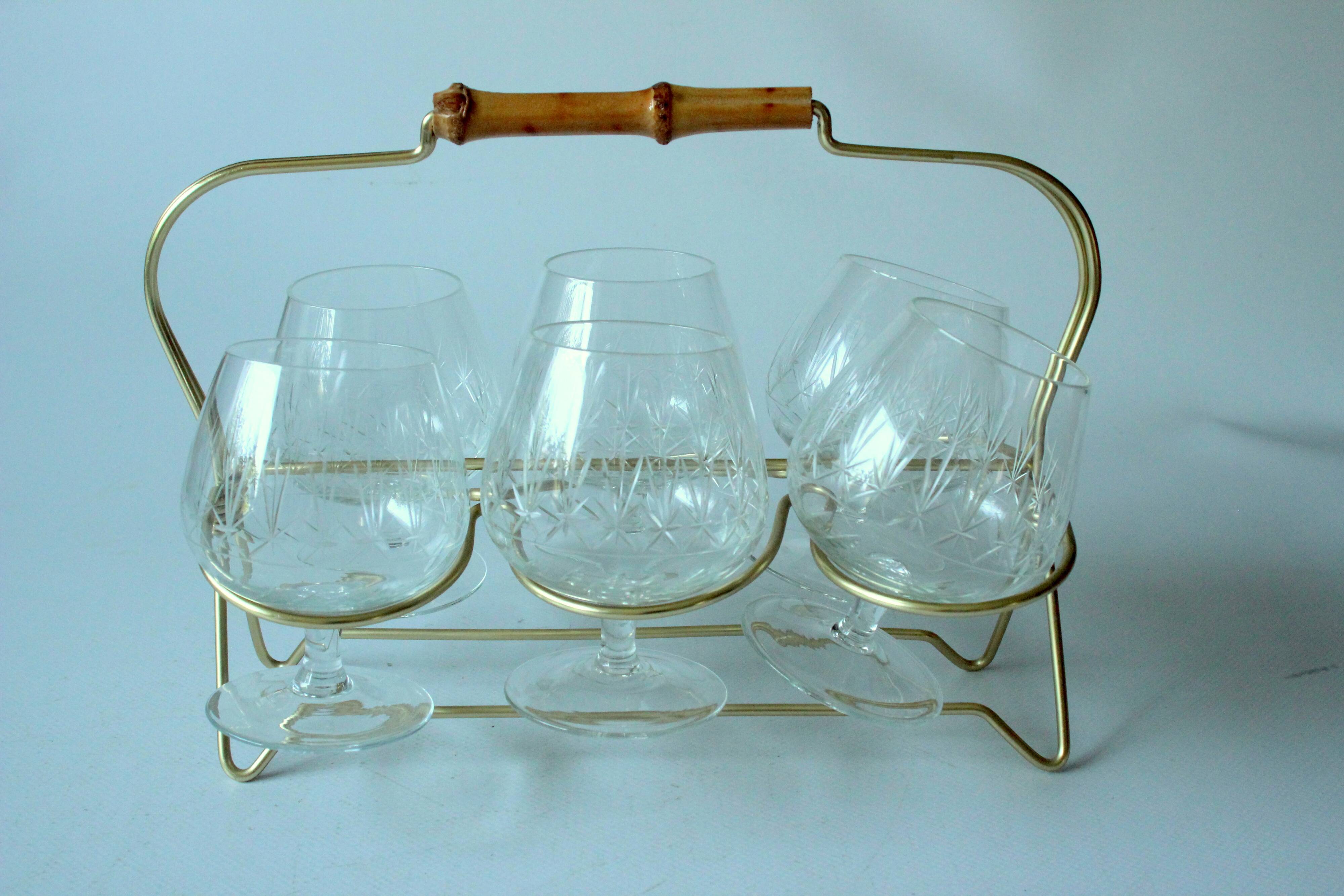 1950s - 6 cognac glasses on a brass tray as a set - Vintage