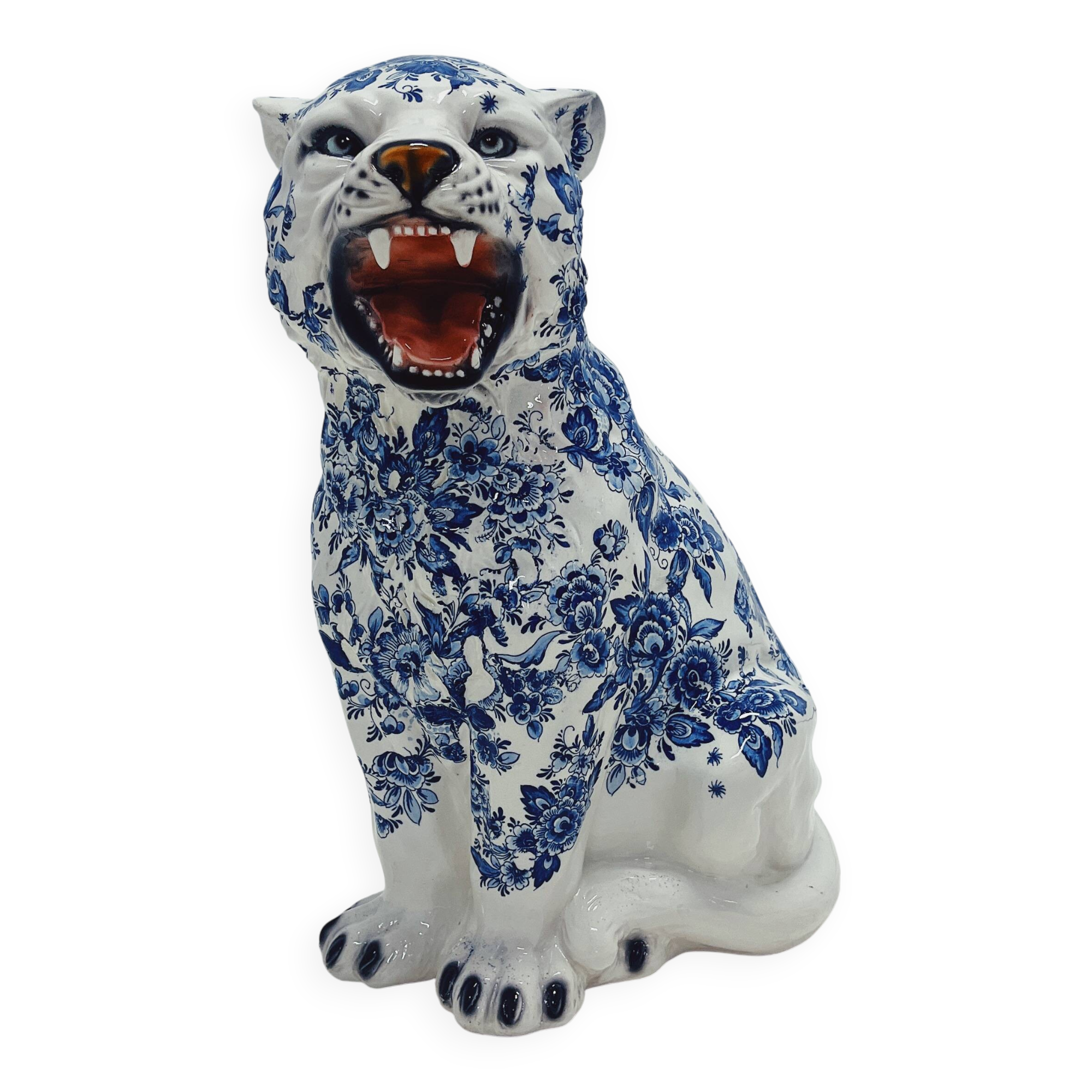 Statue de tigre en céramique bleu de Delft