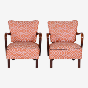 Pair of beech artdeco armchairs made in 1930s, czechia, revived polish